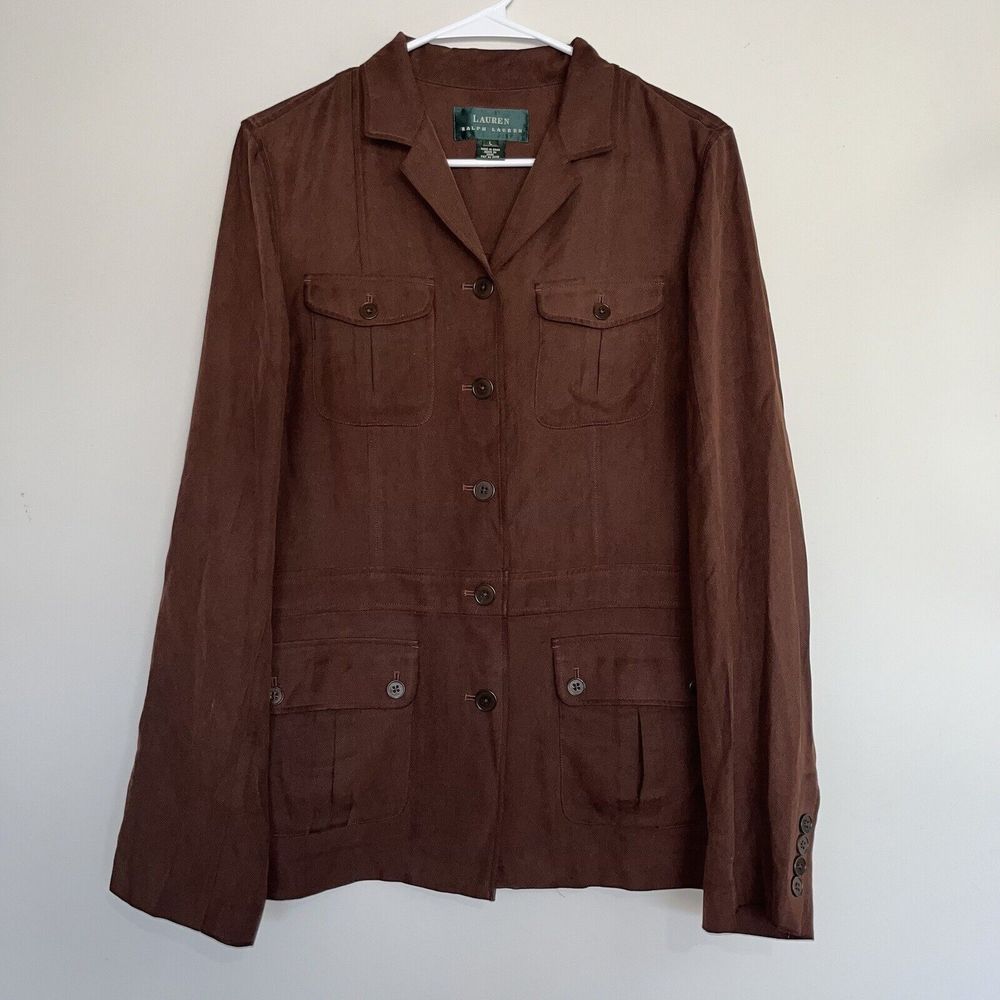 Lauren Ralph Lauren 100% Silk Women's Large  Military Shacket Brown Pockets